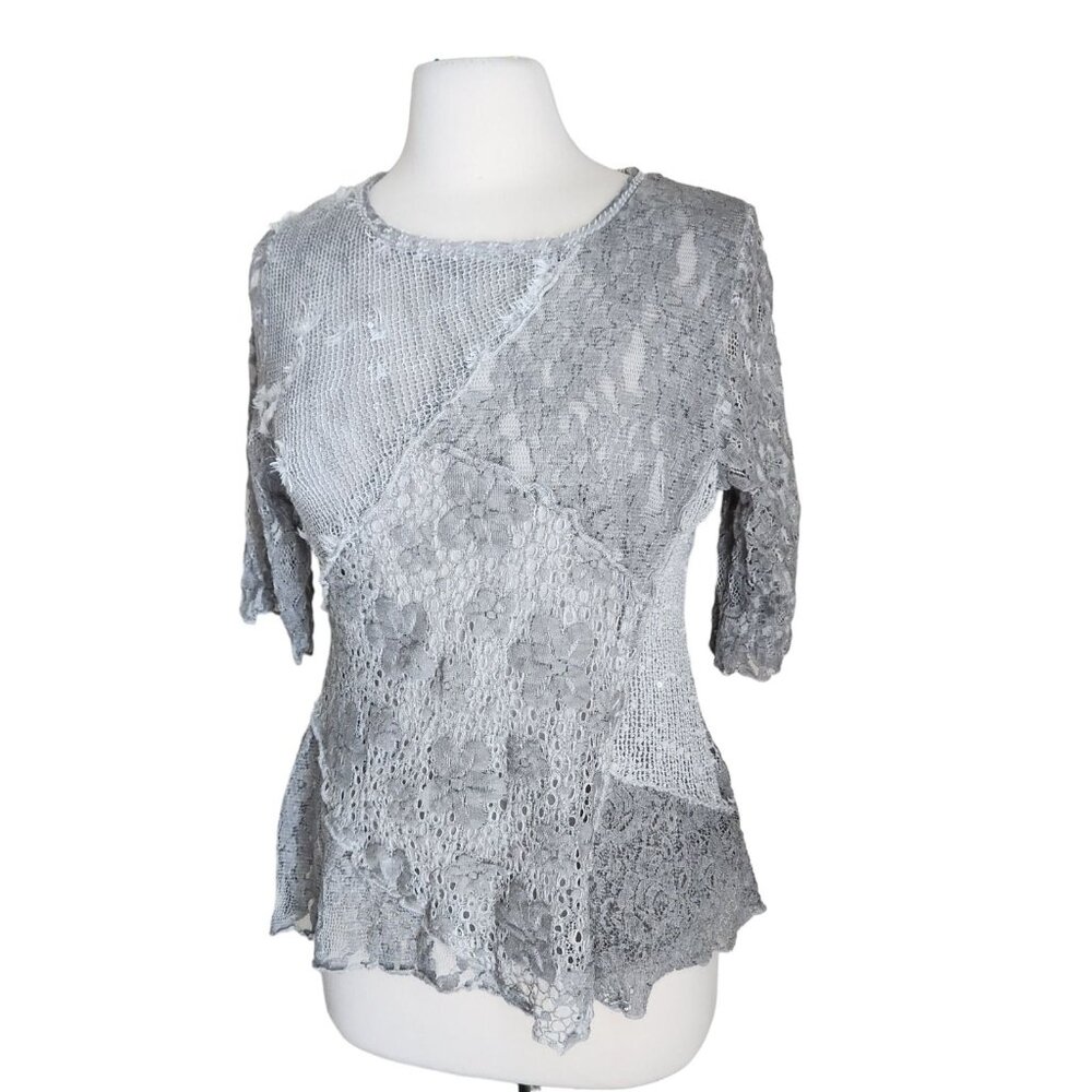 This & That Women's M Boho Blouse Patchwork Lace‎ Fairy Y2K Half Sleeves Sheer